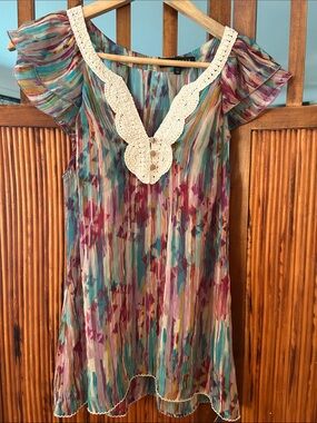 Multicolor Watercolor Shift Dress with Crochet Neckline